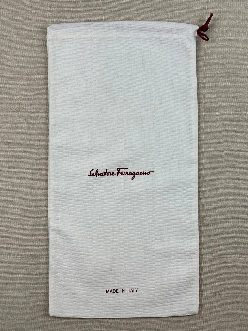 Salvatore Ferragamo White Dust Bag with Burgundy Logo and Drawstring